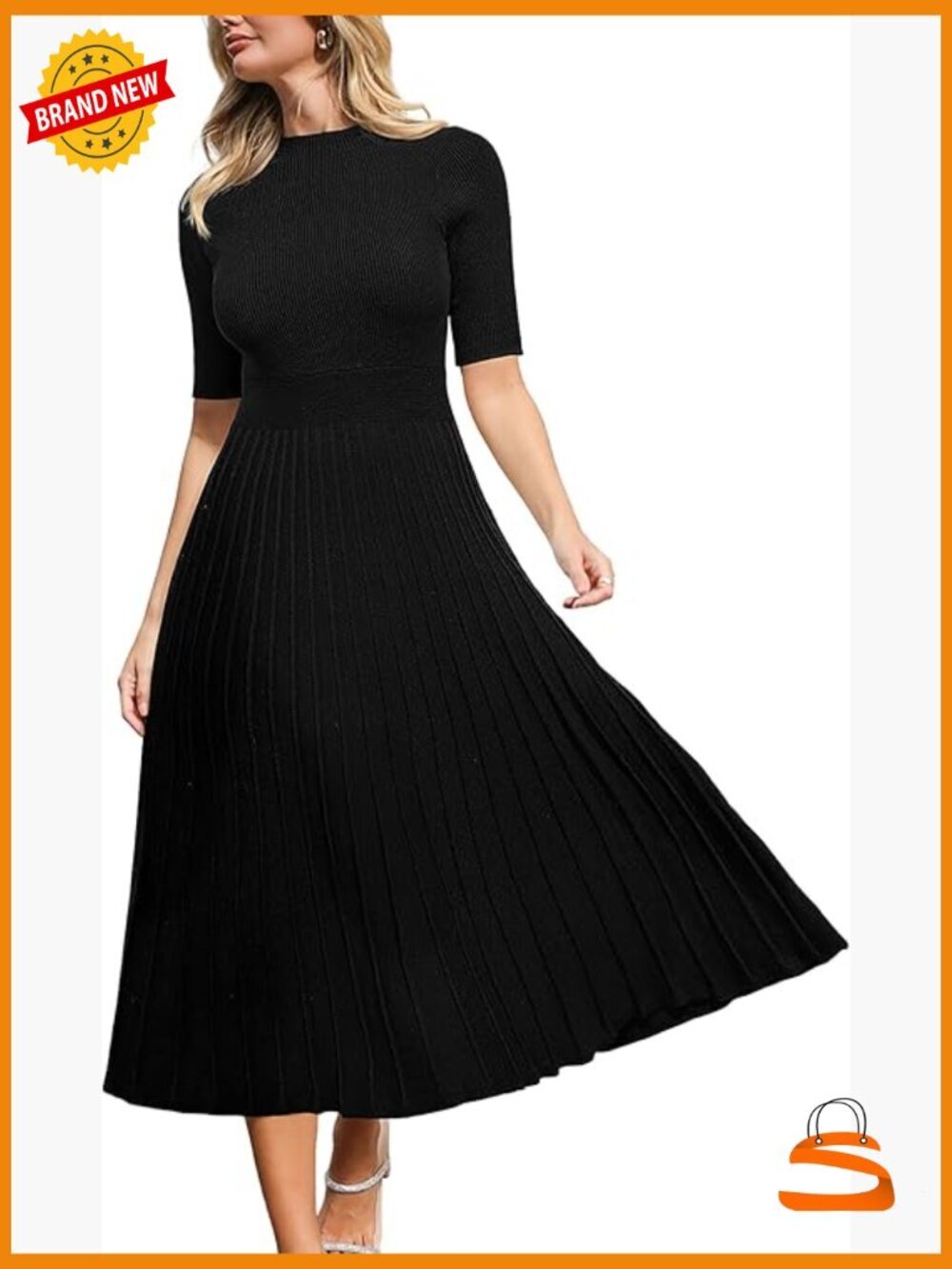 Round Neck Half Sleeve Ribbed Knit Pleated Midi Sweater Dress